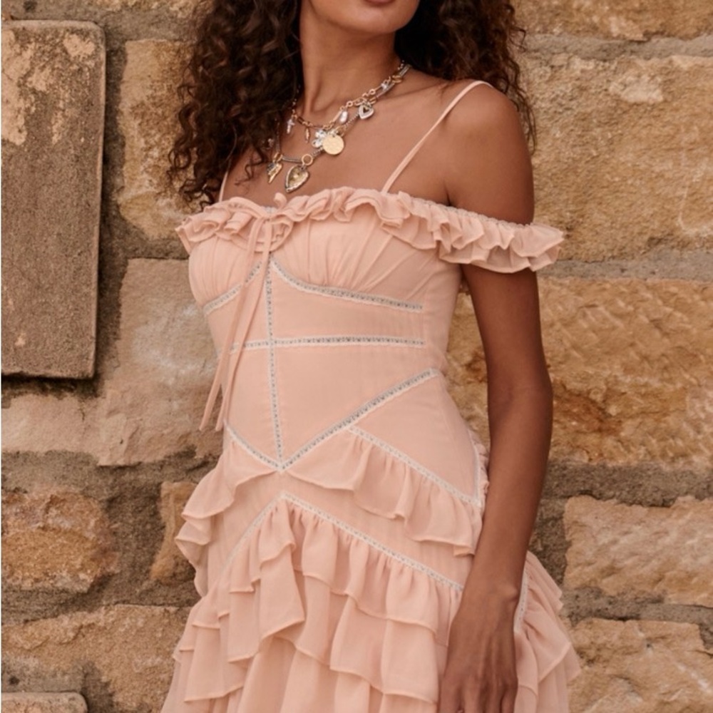 Altar'd State Blush Pink Off-Shoulder Ruffle Maxi Dress